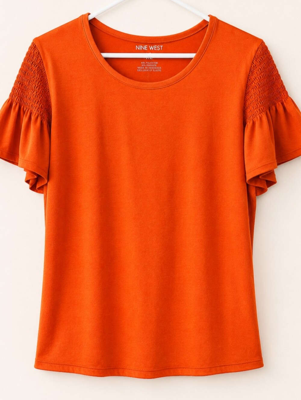 Nine West Bright Orange Smocked Flutter Sleeve Tee